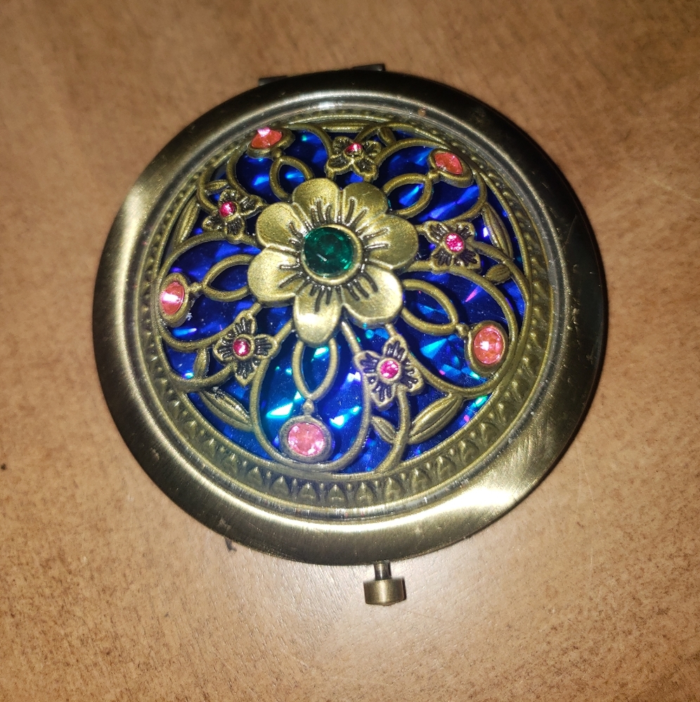 Brass Tone and Rhinestone Pocket Mirror Regular and Magnified Sides